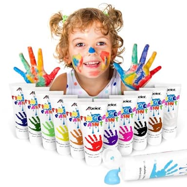 ABEIER Washable Finger Paint for Toddlers, Safe Non-Toxic, 12 x 2oz Vibrant Colors, Baby Safe Paint for Hand and Feet, Mess Free Art Supplies for Kids, Preschool Learning Gifts, Ages 1-3 4 5 6+ - Image 1