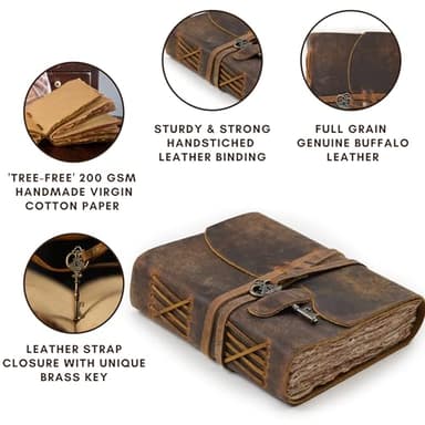 LEATHER VILLAGE Vintage Leather Journal – 200 Handmade Vintage Deckle Edge Paper – Leather bound Journal For Women Men – Vintage Key Closure - Book of Shadows - Cappuccino Brown - 13X8 inches - Image 3
