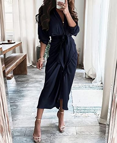 BTFBM Maxi Dresses for Women Fall 2025 Long Sleeve Lapel Neck Button Down Elegant Satin Belted Ruched Summer Shirt Dress(Navy, Medium) - Image 2