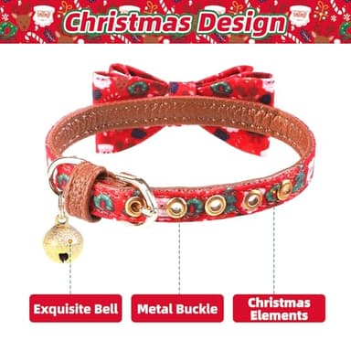 PUPTECK Puppy Collar with Bell XXS Dog Collar Charm Adjustable Bowtie Soft Leather for Cats Kittens Extra Small Dogs 2 Packs - Image 3