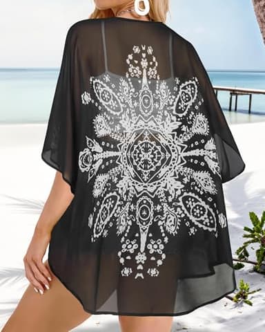 Summer Kimono Cardigan for Women Sheer Boho Tops Casual Open Front Swimwear Shirts Beach Cover ups (Caftan Black,XL) - Image 5