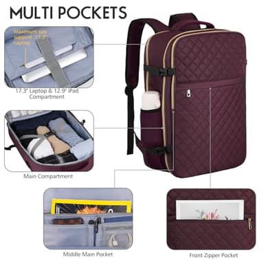 MOMUVO Large Travel Backpack Women, Flight Approved Carry On Backpack, Water Resistant Anti-Theft Large Casual Daypack Fit 17 Inch Laptop with USB Charging Port, Dark Purple - Image 2