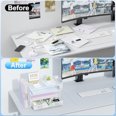 gianotter Desk Organizers and Accessories with File Holder, 4-Tier Desk Accessories & Workspace Organizers with Drawer and 2 Pen Holder, Paper Organizer for Office Supplies (White) - Image 2