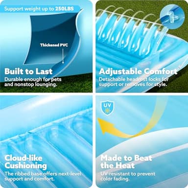 SLOOSH Inflatable Tanning Pool Lounger Float, 70" x 46" Pool Floats Adult with Pillow, 4 in 1 Suntan Tub Raft Floatie,Sunbathing Bed Lounge for Water Blow Up Kids Ball Pit Party Gifts, L-Blue - Image 5