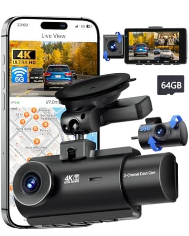 QCONTROL® 4K 5G WiFi 3 Channel Dash Cam Front and Rear Inside, 4K+1080P+1080P Dash Camera for Cars, GPS Dashcam, Car Camera with 3-Inch Screen, IR Night Vision, 24Hr Parking Mode, G-Sensor, 64GB Card - Image 1