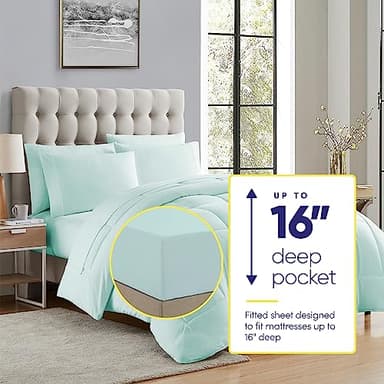 California King Comforter Set - Soft & Breathable 7-Piece Bedding Collection - 1 Comforter, 1 Fitted Sheet, 1 Flat, 4 Pillowcases - Deep Pocket - Premium Quality - Ideal for All Seasons, Aqua - Image 2