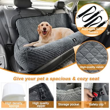 Large Dog Car Seat Under 100LBS,Dog Car Bed with Safety Tethers/Storage Pocket,Only for Back Seat-Gray - Image 3