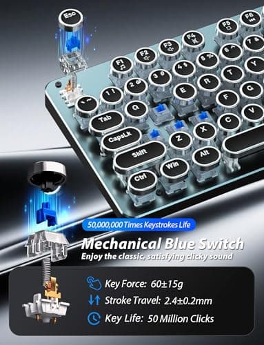 Typewriter Style Mechanical Gaming Keyboard Blue Switch, Rainbow LED Backlit Wired Computer Keyboards Mouse and Pad Combo, Metal Panel Retro Punk Round Keycaps, 104 Keys Anti-Ghost for PC Laptop Gamer - Image 3