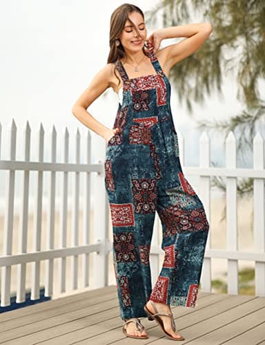 Himosyber Women's Patchwork Dual Pocket Jumpsuit Loose Floral Print Bohemian Wide Leg Bib Overall (#1TealBlue, XL) - Image 4