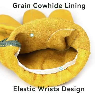 OZERO Leather Work Gloves Flex Grip Tough Cowhide Gardening Glove for Wood Cutting/Construction/Truck Driving/Garden/Yard Working for Men and Women 1 Pair (Gold,X-Large) - Image 2
