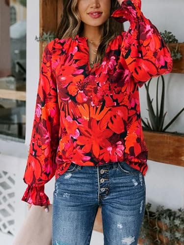 MASCOMODA Womens V Neck Floral Long Sleeve Tops 2025 Summer Casual Loose Puff Sleeve Chiffon Boho Work Blouse Dressy T Shirts(Red Flower,Large) - Image 4