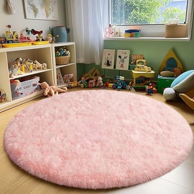 Pink Round Plush Rug for Living Room, Non-Slip Rugs, Furry Carpet for Nursery Room, Round Shaggy Rug for Living Room Area Rug 5Ft - Image 2