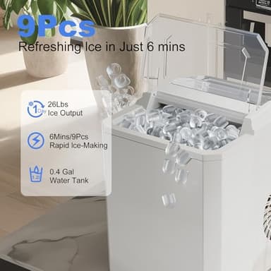 SMUG Ice Makers Countertop with Handle, Portable Ice Machine, 9 Bullet Ice Cubes in 6 Mins, 26lbs in 24Hrs, Auto-Cleaning, with Basket and Scoop, for Home, Kitchen, RV, Camping, White - Image 4