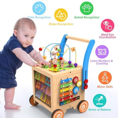 WOODMAM 9-in-1 Wooden Activity Cube | Wooden Baby Walker, Sit-to-Stand Learning Walker Activity Center, Early Educational Push & Pull Toys for Baby Toddler Boys Girls, Height & Brake Adjustable - Image 6