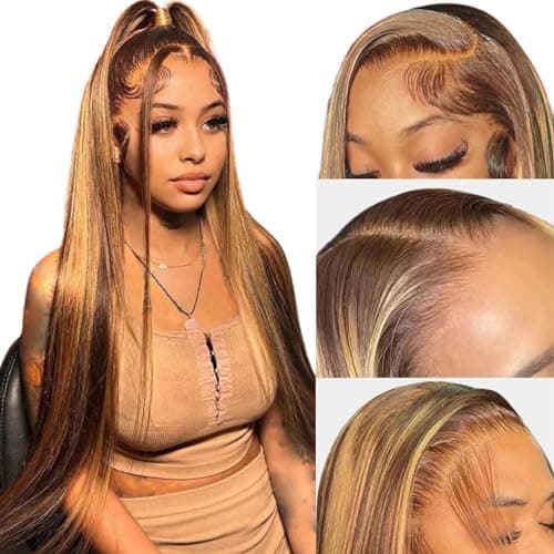 Ombre Lace Front Wig Human Hair 28inch Highlight 13x4 HD Straight Lace Front Wigs 180% Density 4/27 Colored Honey Blonde HD Lace Frontal Wigs For Women Glueless Pre Plucked with Baby Hair - Image 1