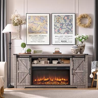 JXQTLINGMU Fireplace TV Stand for 80 Inch TV, Farmhouse Entertainment Center with 36" Fireplace, Modern Media Console with Sliding Barn Door & Storage Drawers for Living Room, Grey - Image 3