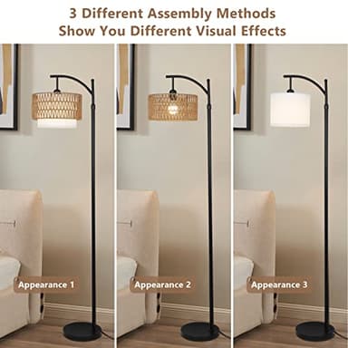 Arc Floor Lamp for Living Room with 3 Color Temperatures, Farmhouse Floor Lamps with Remote & Dimmable Bulb, Boho Standing Lamp with Rattan & Fabric Shades, Adjustable Tall Lamp for Bedroom, Office - Image 5