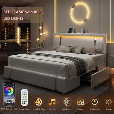 Keyluv King Size Bed Frame with RGB LED Lights & 2 Storage Drawers, Modern Upholstered Platform Bed with Iron Metal Decor, USB Charging Ports, White - Image 7