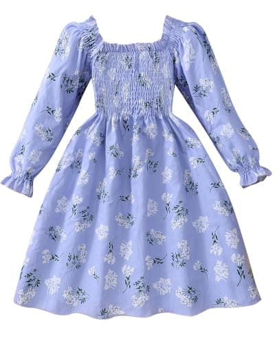 Toddler Long Sleeve Floral Dress Easter Smocked Spring Summer Clothes Girl School Outfits Church Sundress Flower Purple 3 Years - Image 1