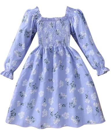 Toddler Long Sleeve Floral Dress Easter Smocked Spring Summer Clothes Girl School Outfits Church Sundress Flower Purple 3 Years - Image 1