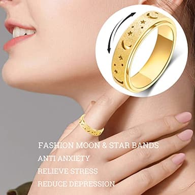 OreilleStar Anxiety Ring for Women Spinner Ring Stainless Steel Fidget Toys Adults Fidget Spinner Ring Fidgit Ring (Moon Star-Gold, 8) - Image 3