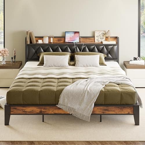 ANCTOR King Bed Frame, Storage Headboard with Outlets, Easy to Install, Sturdy and Stable, No Noise, No Box Springs Needed, Rustic Brown and Black - Image 1