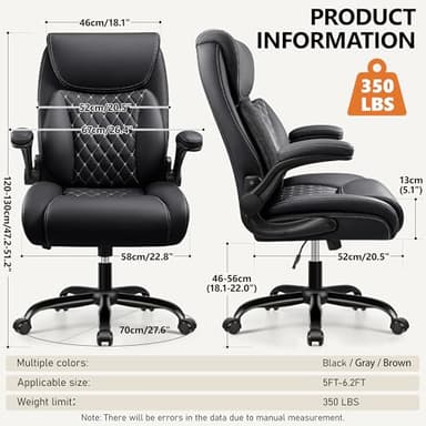 BESTFAIR Office Chair,Ergonomic Office Chair with Lumbar Support for Lower Back Pain Relief, Executive Leather Chair with Padded Flip-up Arms, Wheels and Adjustable Armrests, Black - Image 3