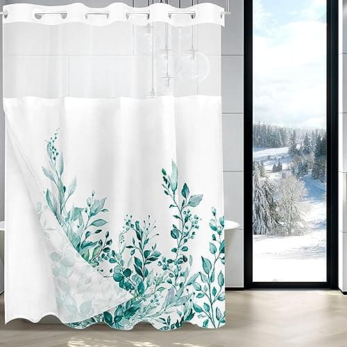 Tititex No Hooks Snap in Liner Teal Eucalyptus Leaves Shower Curtain Sets, Hotel Luxury Double Layers Waterproof Fabric & See-Through Top Window Bathroom Decorative 72x84 Inch - Image 1