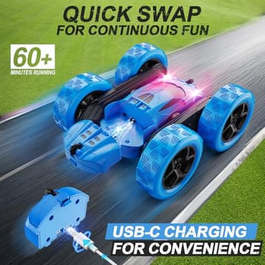 QUNREDA Remote Control Car, RC Cars Toys for Kids Ages 6-12, 4WD Stunt Car with LED Lights & 360° Flips, 2.4GHz, Upgraded USB-C Modular Batteries, 8-10 Year Old Boys Birthday Gift 1-Blue - Image 2
