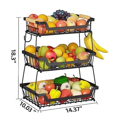 GILLAS 3 Tier Countertop Fruit Basket with 2 Banana Hangers for Kitchen, Detachable Metal Organizer for Bread Vegetable Fruits with Wooden Handle, Large Capacity Rectangular Storage Stand Bowls, Black - Image 7