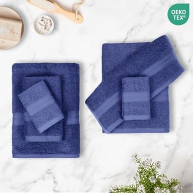 Amazon Basics 6 Piece Oversized Fade resistant Towel set, 100% Cotton towels for bathroom, soft and absorbent, 2 Bath Towels, 2 Hand Towels and 2 Washcloths bathroom towel set, Navy Blue - Image 2