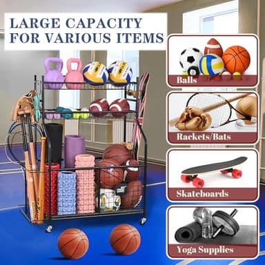Mythinglogic Sports Equipment Garage Organizer,Garage Ball Storage for Sports Gear and Toys, Rolling Ball Cart with Wheels for Indoor/Outdoor Use - Image 2