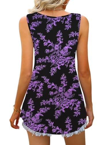 Women Tank Tops 2025 Summer Sleeveless Blouses V Neck Casual Loose Fit Flowy Shirts Black Purple Flowers 2X - Image 3