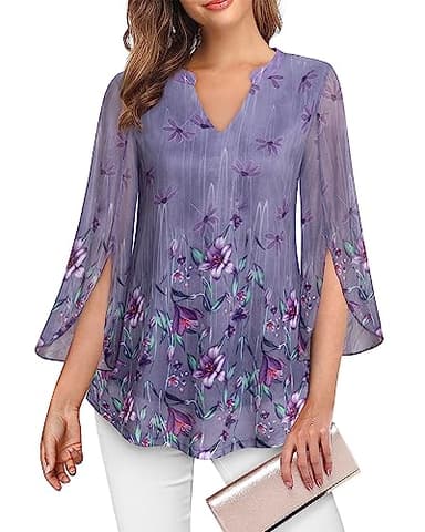 VALOLIA Women's 3/4 Sleeve Shirts, Dressy Tops For Women For Evening Party, Floral Tunic Shirts for Women Bell Sleeve Blouse Lightweight Comfy Tops Elegant Pleated Layered Swing Blouses Large Purple - Image 2
