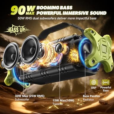Bluetooth Speaker, 90W Max Outdoor Speaker, Loud Portable Speakers Wireless with 50W Deep Bass, Large Boombox Sound, IPX6 Waterproof, 40H, EQ, Dual Pairing, Subwoofer *2,TF, for Beach/Garage/Jobsite - Image 2