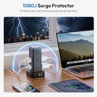NTONPOWER Power Strip Tower, 1080J Surge Protector, 12 Outlets & 4 USB (2 USB C), 10 Ft Flat Plug Extension Cord, 1625W/13A Overload Protection, Compact for Home Office Dorm - Image 4