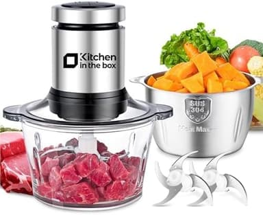 Kitchen in the box Food Processor, Electric Meat Grinder & Food Chopper with 400W Powerful Veggie Chopper-2 Bowls（8 Cup+8 Cup） & 2 Bi-Level Blades for Meat/Fish/Vegetable/Baby Food（Black Button） - Image 2