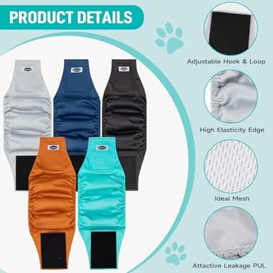 Tuiskusa Male Dog Diapers, High Absorbing Dog Belly Bands for Male Dogs, Washable Reusable Dog Males Wraps(5 Pack) - Image 5
