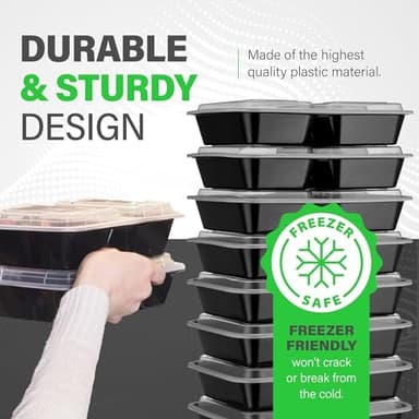 Ez Prepa [20 Pack] 32oz 3 Compartment Meal Prep Containers with Lids - Bento Box - Plastic - Stackable, Reusable, Microwaveable & Dishwasher Safe - Image 6