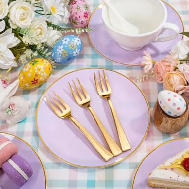 Festiva 200Pcs Purple Gold Dessert Plates 6.3" with Plastic Forks 5"- Disposable Lavender Purple Cake/Appetizer/Salad Plates - serve 100 guests for Party&Wedding&Easter - Image 2