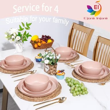 EI 12pcs Pink Wheat Straw Plates,Wheat Straw Dinnerware Set for 4,Plates and Bowls Sets,Plastic Plate Reusable,Unbreakable Plastic Plate Melamine,Camping Family Dishes Set - Image 5