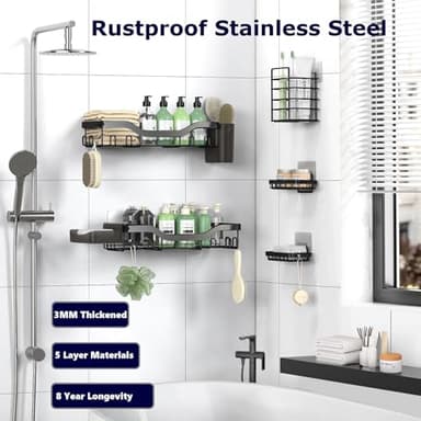 NESOMI Shower Caddy Adhesive Shower Organizer 7-Pack, Rustproof Stainless Steel Bathroom Shelves, Large Capacity No-Drill Rack Storage Accessories with Soap Dish Toothbrush Holder &24 Hooks Home Decor - Image 5