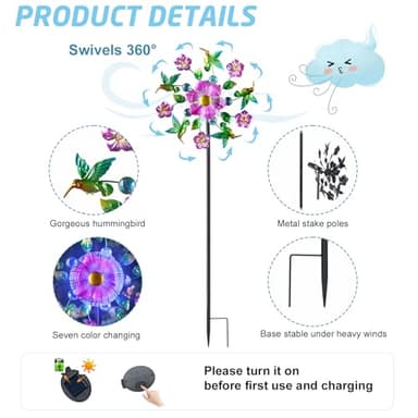 Hummingbird Solar Wind Spinners for Yard - 51" Metal Wind Sculptures Garden Stake with Color Changing LED Lights 360° Windmill Kinetic Spinner for Garden Lawn Patio Yard Decor - Image 6