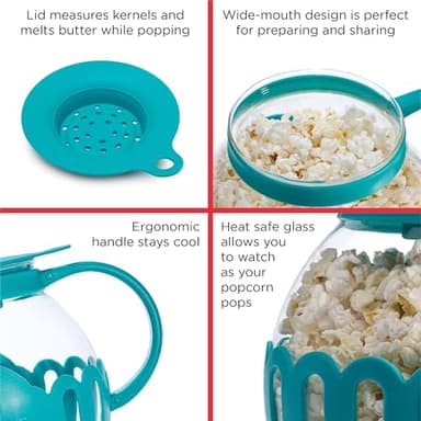 Ecolution Patented Micro-Pop Microwave Popcorn Popper with Temperature Safe Glass, 3-in-1 Lid Measures Kernels and Melts Butter, Made Without BPA, Dishwasher Safe, 3-Quart, Teal - Image 7