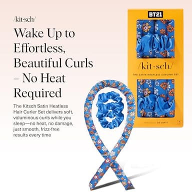 BT21 x Kitsch Satin Heatless Hair Curler Set - Heatless Curls Overnight, Hair Rollers for Soft Curls & Frizz-Free Styling, No Heat Curlers To Sleep in, Curling Rod Headband for Overnight Curl - BT21 - Image 2