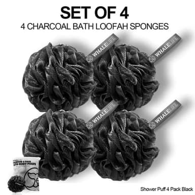 Shower Puff 4 Pack Black Bath Sponge Shower Loofahs Pouf Ball Nature Bamboo Charcoal Mesh Bulk Puffs Large, Shower Essential Skin Care by WhaleLife - Image 2
