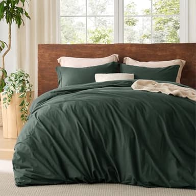 Bedsure 100% Washed Cotton Duvet Cover Queen Size - Forest Green Minimalist Cotton Duvet Cover Linen Like for All Seasons - GentleSoft™ Plain Simple Bedding (Forest Green, Queen, 90"x90") - Image 1