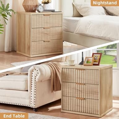 LEYAOYAO 23" Wide Fluted Farmhouse Night Stand Set of 2 with Charging Station, 3 Drawers Large End Table w/Metal Handle, Natural Nightstand Bedside Table,Wood Dresser for Bedroom, Closet - Image 6