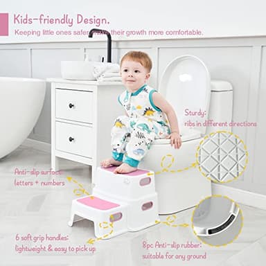 Pink Toddler Step Stool for Toilet, Two Step Stool for Kids Bathroom with Handle for Potty Training, Non-Slip Girls Small Heavy Duty Plastic Stool for Sink Bed Kitchen Counter (White-Pink) - Image 3