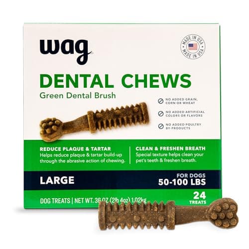 Amazon Brand - Wag Dental Chews - Green Dental Brush for Dogs, Large, Unflavored, 24 Count (Pack of 1) - Image 1
